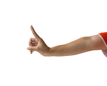 Midsection of person hand against white background