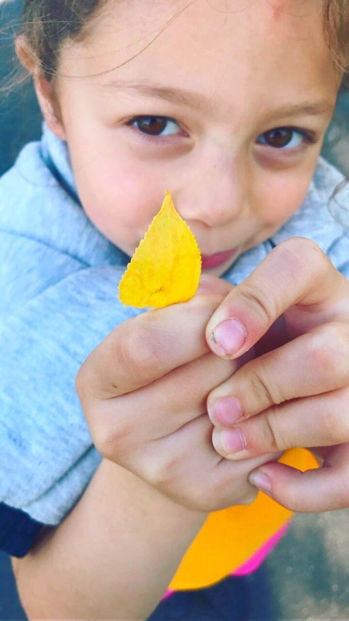 CLOSE-UP PORTRAIT OF A BOY HOLDING YELLOW LEAF