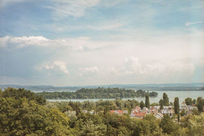 High angle view of buildings against sky