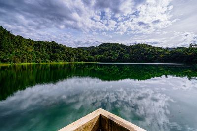 Scenic view of lake by trees against sky