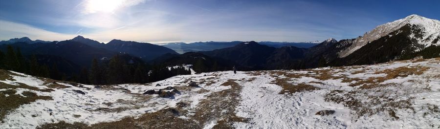 Scenic view of snowcapped mountains against sky