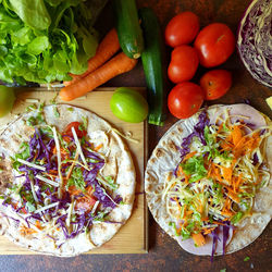 High angle view of chopped vegetables on cutting board