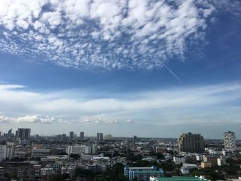 Aerial view of buildings in city against sky