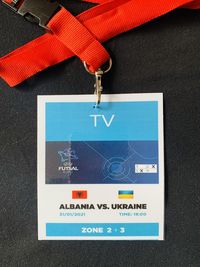 High angle view of information sign on table