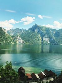 Scenic view of lake and mountains against sky