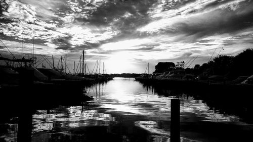 Sailboats moored in harbor