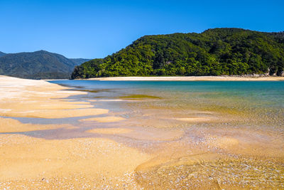 Scenic view of sea against clear blue sky