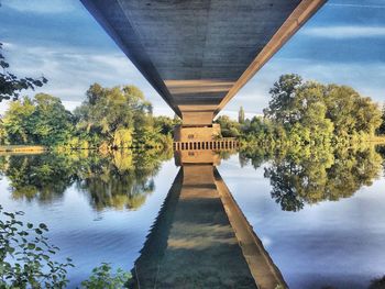 Reflection of bridge on river against sky
