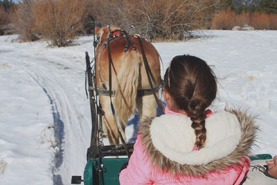 Rear view of girl sitting in horse cart in winter
