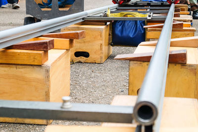 High angle view of machine in container