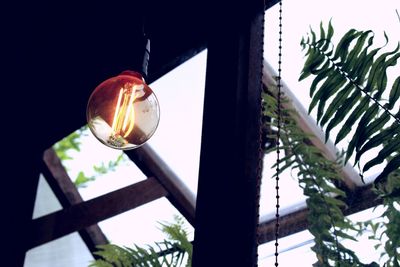 Low angle view of illuminated light bulb against sky