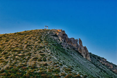 Low angle view of rocky mountain against clear blue sky