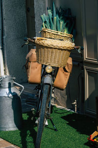 View of bicycle parked in front of building