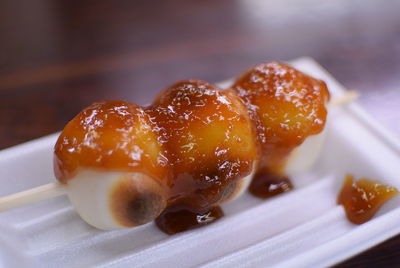 High angle view of rice dango dumplings in plate