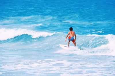 Rear view of man surfing on sea 