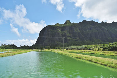 Scenic view of lake and mountains against sky