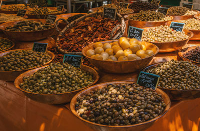 High angle view of various food for sale at market stall