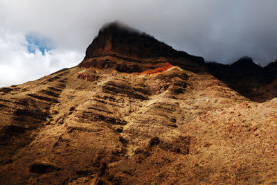 Low angle view of mountains against cloudy sky