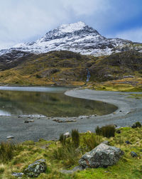 The snow-capped summit of snowdon in the snowdonia national park in north wales, uk