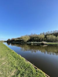 Scenic view of lake against clear blue sky