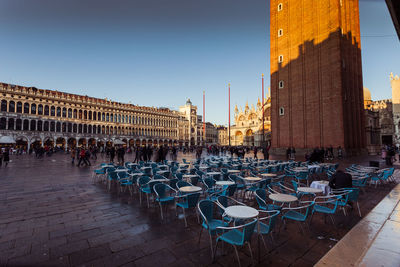 Panoramic view of buildings in city against clear sky