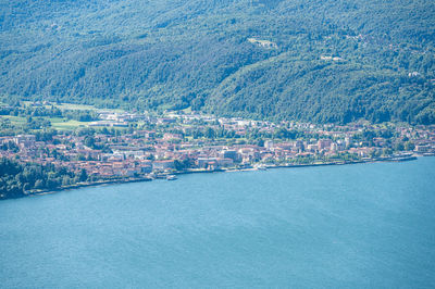 Aerial view of luino and germibnaga on the lake maggiore