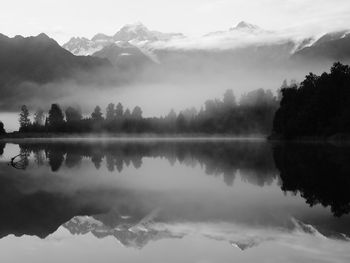 Scenic view of lake and mountains against sky