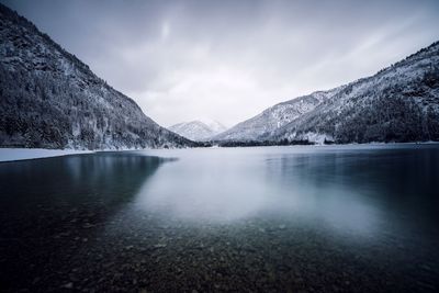 Panoramic view of mountains and lake during winter