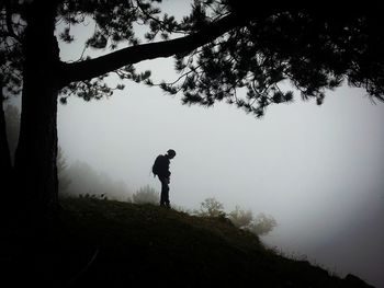 Man standing by tree against sky during foggy weather