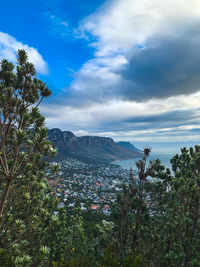 Scenic view of town by mountain against sky