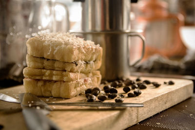 Cheese bread and coffee beans at coffee shop