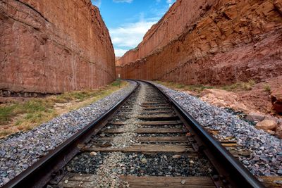 Railroad track amidst rocks against sky