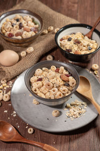 High angle view of breakfast served on table