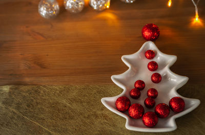 High angle view of christmas decorations on table