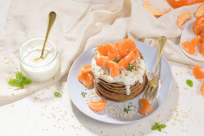 High angle view of dessert on table
