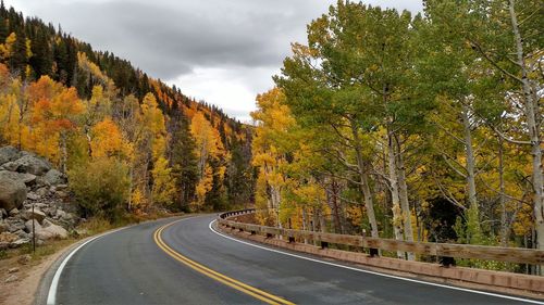 Road amidst trees against sky during autumn