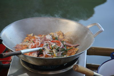 Close-up of meat in cooking pan