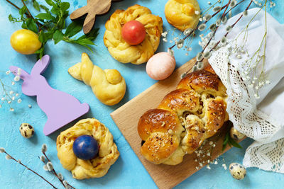 High angle view of breakfast on table