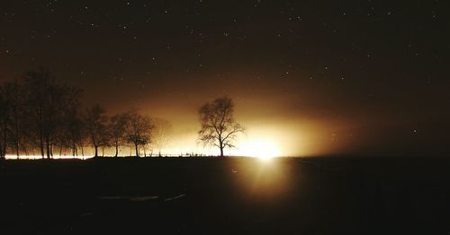 Silhouette trees on landscape against sky at night