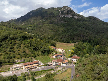 Aerial shot of a small village in northern italy.