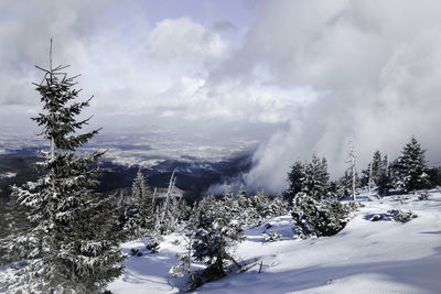 Scenic view of snow covered landscape against sky