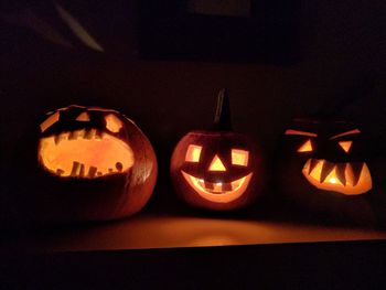 Close-up of illuminated halloween pumpkin