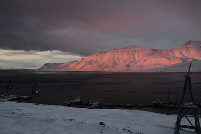 Scenic view of snowcapped mountains against sky during sunset