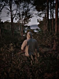 Man sitting on field in forest