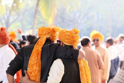 Rear view of men wearing turbans