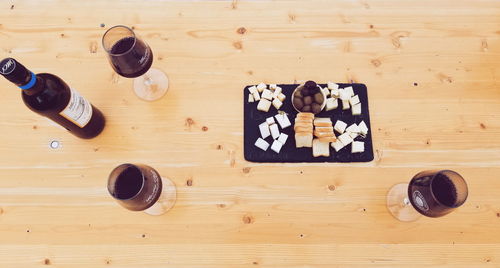 High angle view of bottles on table