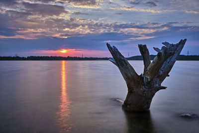 Driftwood on wooden post by lake against sky during sunset