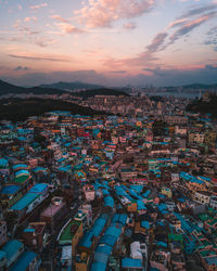 High angle view of cityscape against sky during sunset