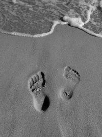 High angle view of footprints on wet sand at shore