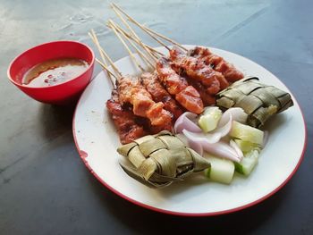 High angle view of food in plate on table